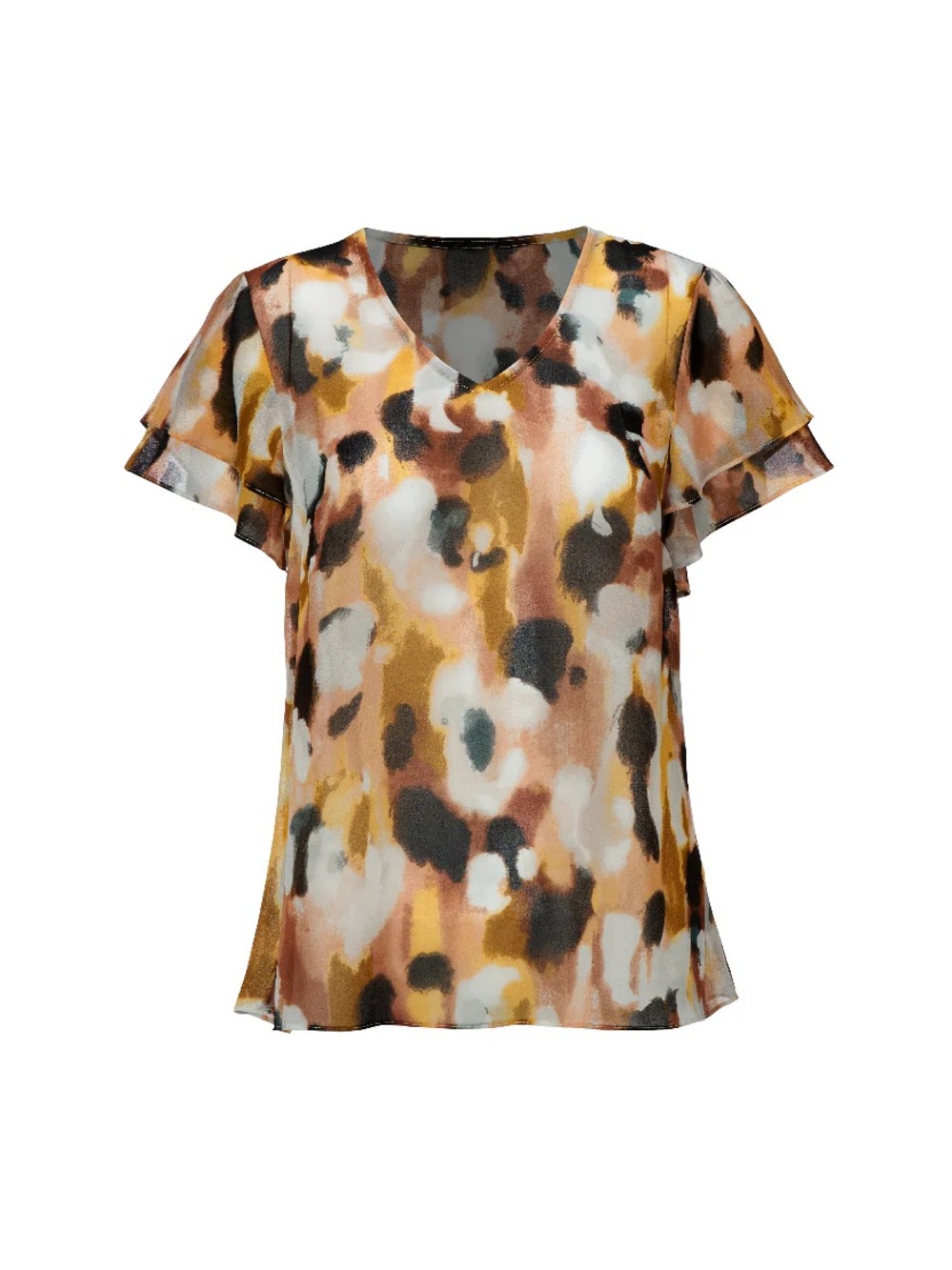CAbi Agenda Printed V-Neck Flutter Sleeve Top - Mustard and Pink